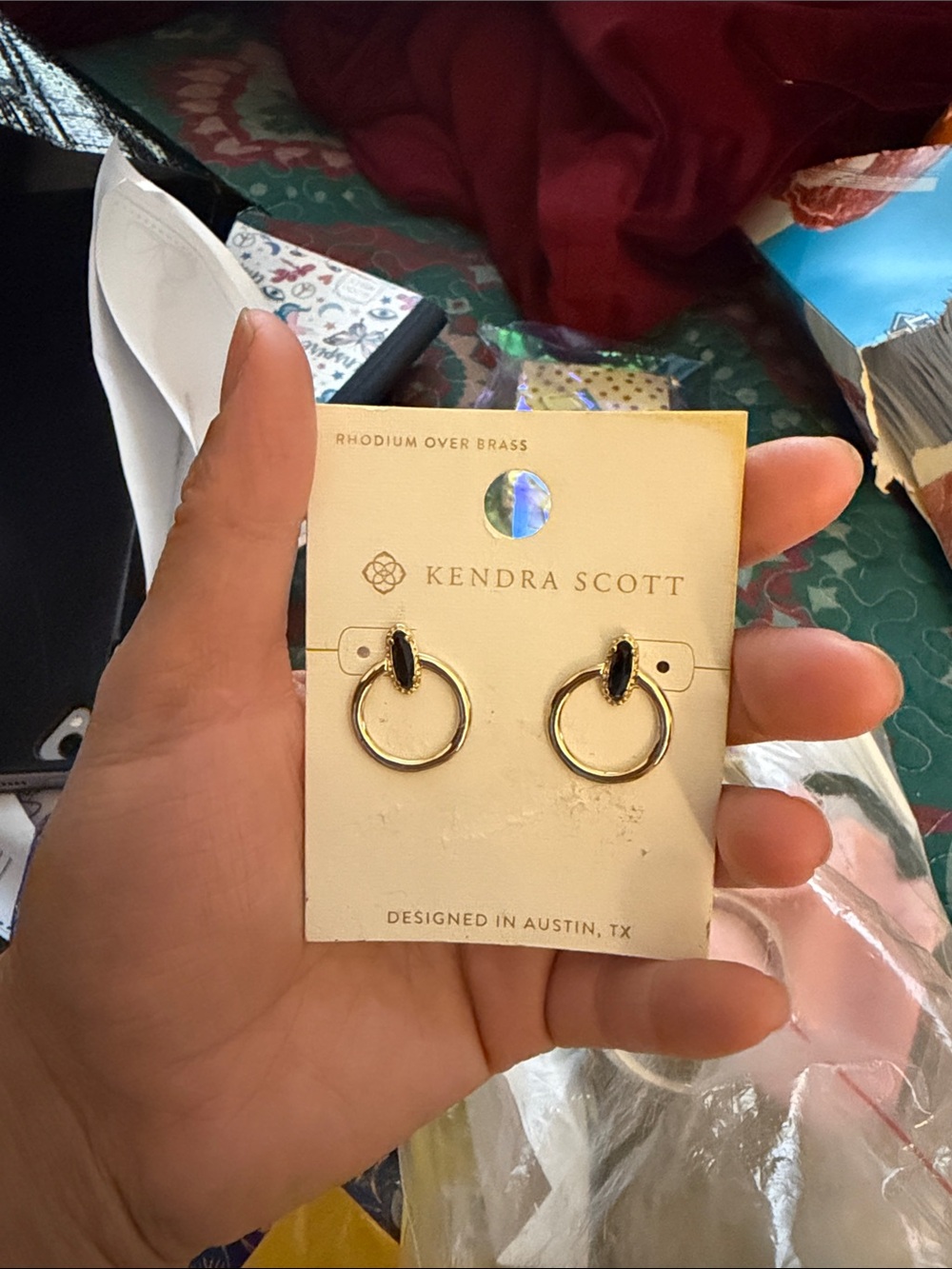 Kendra Scott Gold Hoop Earrings with Black Stone Accent